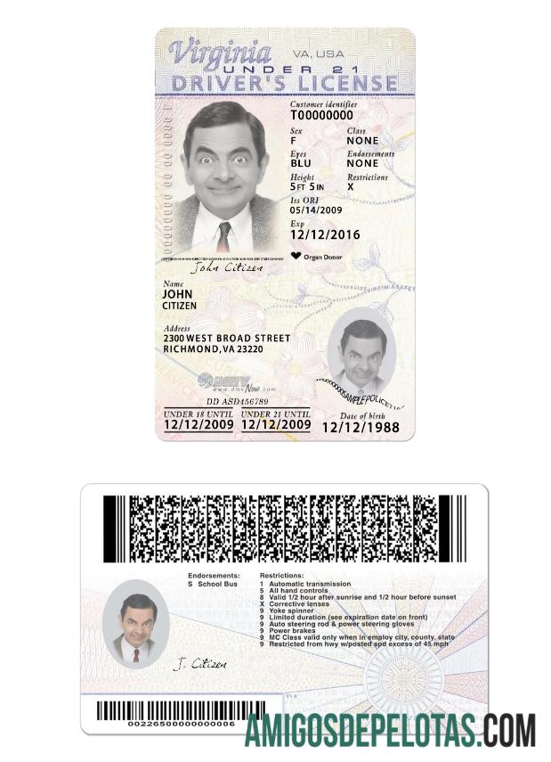 Carteira de habilitação dos EUA na Virgínia com menos de 21 anos, presente em 2009 exemplo real